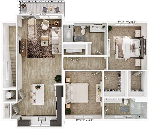Floor plan for 2 beds, 2 baths, 1219 sqft